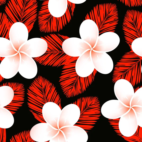 Patrón tropical vectorial sin fisuras. Plumeria, frangipani. Vector exótico playa fondo de pantalla patrón sin costuras . — Vector de stock