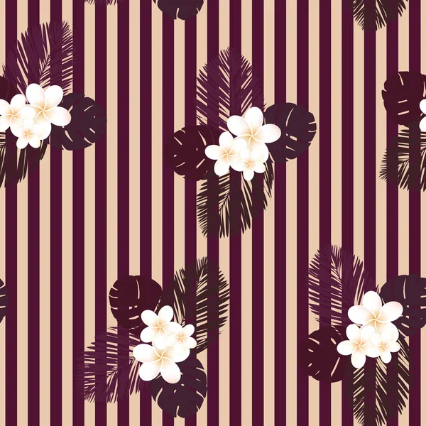 Gekleurde gestreepte vector tropische naadloze patroon. Plumeria, Frangipani. Exotische vector Strand wallpaper naadloze patroon. — Stockvector