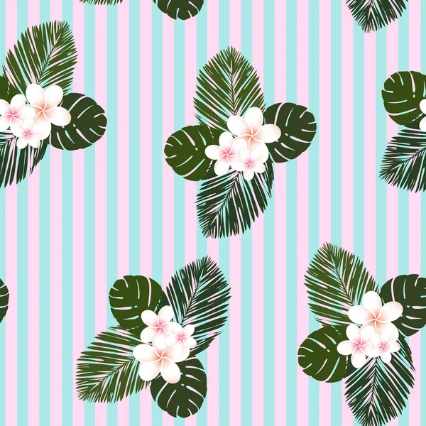 Patrón inconsútil tropical vectorial rayado de color. Plumeria, frangipani. Vector exótico playa fondo de pantalla patrón sin costuras . — Archivo Imágenes Vectoriales