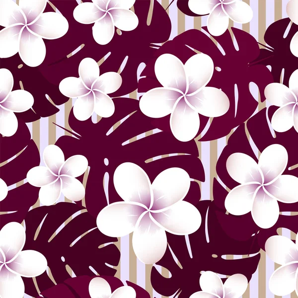 Patrón inconsútil tropical vectorial rayado de color. Plumeria, frangipani. Vector exótico playa fondo de pantalla patrón sin costuras . — Archivo Imágenes Vectoriales