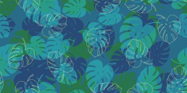 Cyan yeşil tropikal monstera dikişsiz vektör desen arka plan. Egzotik duvar kağıdı