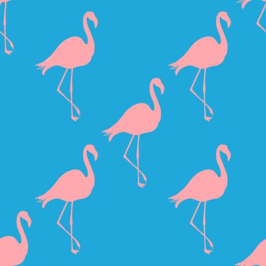 Dikişsiz Flamingo desen vektör illüstrasyon. Neon flamingolar model mavi arka plan. Yaz duvar kağıdı arka plan, karikatür vektör illüstrasyon.