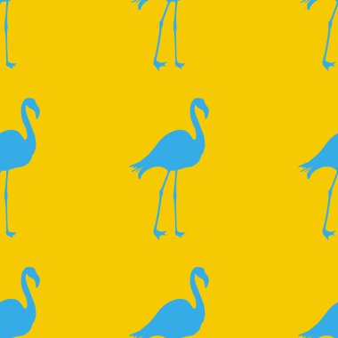 Dikişsiz Flamingo desen vektör illüstrasyon. Mavi flamingolar desen sarı arka plan. Yaz duvar kağıdı arka plan, karikatür vektör illüstrasyon.