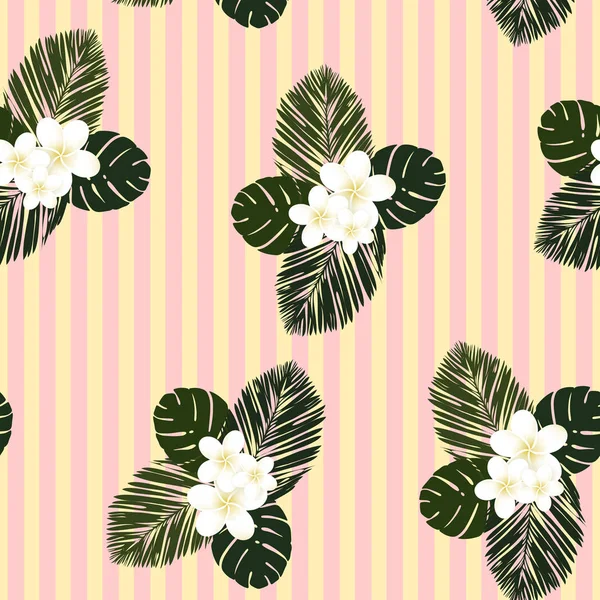 Pastel rayado patrón tropical vector. Plumeria, frangipani. Vector exótico playa fondo de pantalla patrón sin costuras . — Vector de stock