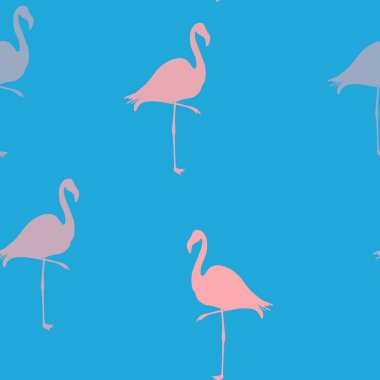 Dikişsiz Flamingo desen vektör illüstrasyon. Neon flamingolar model mavi arka plan. Yaz duvar kağıdı arka plan, karikatür vektör illüstrasyon.