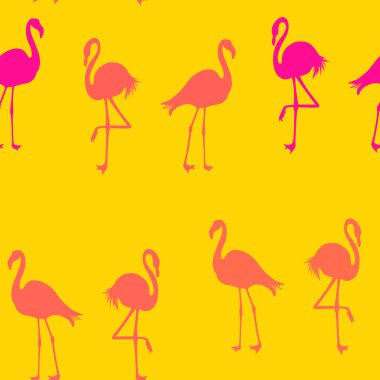 Dikişsiz Flamingo desen vektör illüstrasyon. Magenta flamingolar desen sarı arka plan. Yaz duvar kağıdı arka plan, karikatür vektör illüstrasyon.