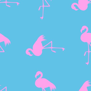 Dikişsiz Flamingo desen vektör illüstrasyon. Pembe flamingolar model mavi arka plan. Yaz duvar kağıdı arka plan, karikatür.