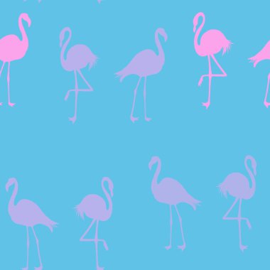 Dikişsiz Flamingo desen vektör illüstrasyon. Pembe flamingolar model mavi arka plan. Yaz duvar kağıdı arka plan, karikatür.