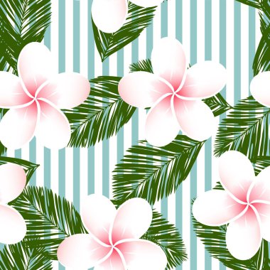 Pastel çizgili vektör tropikal desen. Plumeria, frangipani. Egzotik vektör plaj duvar kağıdı dikişsiz desen.