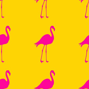 Dikişsiz Flamingo desen vektör illüstrasyon. Magenta flamingolar desen sarı arka plan. Yaz duvar kağıdı arka plan, karikatür vektör illüstrasyon.