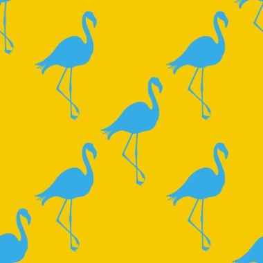 Dikişsiz Flamingo desen vektör illüstrasyon. Mavi flamingolar desen sarı arka plan. Yaz duvar kağıdı arka plan, karikatür vektör illüstrasyon.
