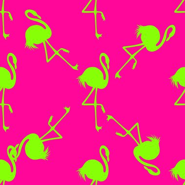 Dikişsiz Flamingo desen vektör illüstrasyon. Pembe flamingolar desen Neon Yeşil arka plan. Yaz duvar kağıdı arka plan, karikatür vektör illüstrasyon.