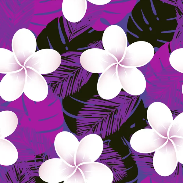 Patrón tropical vectorial sin fisuras. Plumeria, frangipani. Vector exótico playa fondo de pantalla patrón sin costuras . — Vector de stock