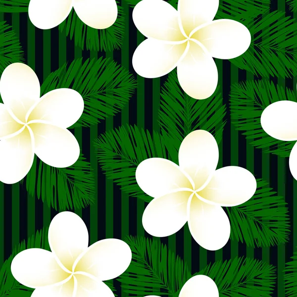 Patrón tropical vectorial a rayas sin costuras. Plumeria, frangipani. Vector exótico playa fondo de pantalla patrón sin costuras . — Vector de stock