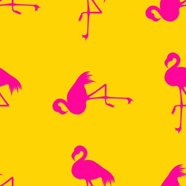 Dikişsiz Flamingo desen vektör illüstrasyon. Magenta flamingolar desen sarı arka plan. Yaz duvar kağıdı arka plan, karikatür vektör illüstrasyon.