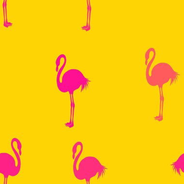 Dikişsiz Flamingo desen vektör illüstrasyon. Magenta flamingolar desen sarı arka plan. Yaz duvar kağıdı arka plan, karikatür vektör illüstrasyon.