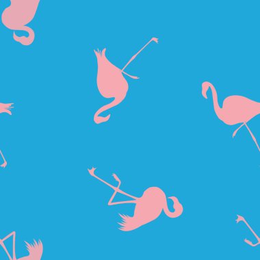 Dikişsiz Flamingo desen vektör illüstrasyon. Neon flamingolar model mavi arka plan. Yaz duvar kağıdı arka plan, karikatür vektör illüstrasyon.