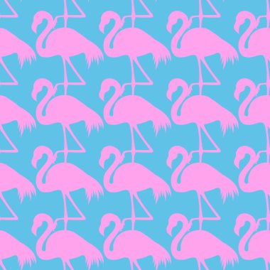 Dikişsiz Flamingo desen vektör illüstrasyon. Pembe flamingolar model mavi arka plan. Yaz duvar kağıdı arka plan, karikatür.