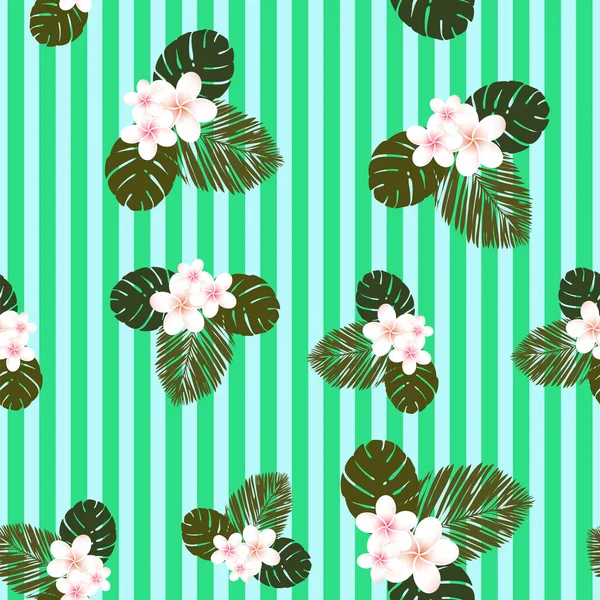 Naadloze gestreepte vector tropische patroon. Plumeria, Frangipani. Exotische vector Strand wallpaper naadloze patroon. — Stockvector