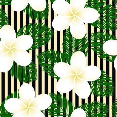 Pastel çizgili vektör tropikal desen. Plumeria, frangipani. Egzotik vektör plaj duvar kağıdı dikişsiz desen.
