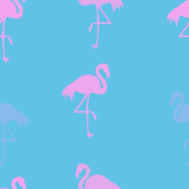 Dikişsiz Flamingo desen vektör illüstrasyon. Pembe flamingolar model mavi arka plan. Yaz duvar kağıdı arka plan, karikatür.