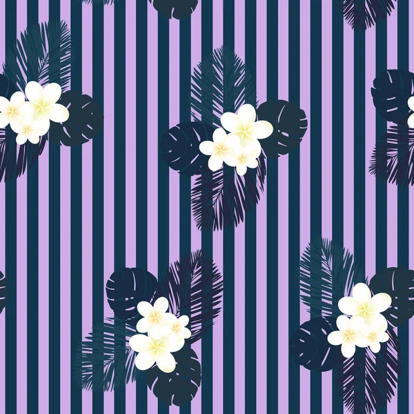 Seamless striped vector tropical purple pattern. Plumeria, frangipani. Seamless  exotic vector beach wallpaper. — Stock Vector