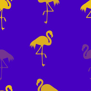 Dikişsiz Flamingo desen vektör illüstrasyon. Sarı flamingolar desen menekşe arka plan. Yaz duvar kağıdı arka plan, karikatür vektör illüstrasyon.