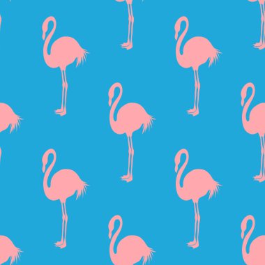 Dikişsiz Flamingo desen vektör illüstrasyon. Neon flamingolar model mavi arka plan. Yaz duvar kağıdı arka plan, karikatür vektör illüstrasyon.