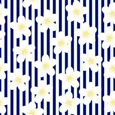 Dikişsiz mavi çizgili vektör tropikal desen. Plumeria, Frangipani. Egzotik vektör plaj duvar kağıdı Dikişsiz desen.