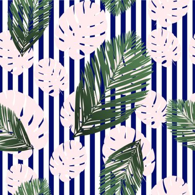 Dikişsiz mavi çizgili vektör tropikal desen. Plumeria, Frangipani. Egzotik vektör plaj duvar kağıdı Dikişsiz desen.