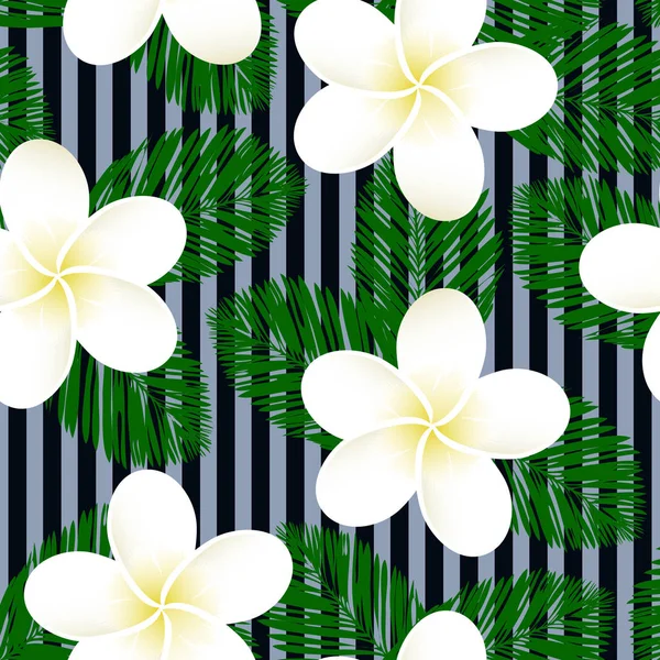 Patrón tropical vectorial a rayas sin costuras. Plumeria, frangipani. Vector exótico playa fondo de pantalla patrón sin costuras . — Vector de stock