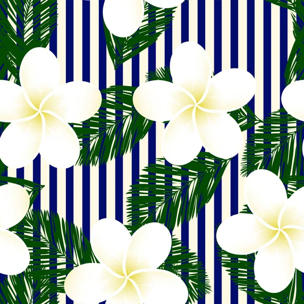 Patrón tropical de vector de rayas azules sin costuras. Plumeria, frangipani. Vector exótico playa fondo de pantalla patrón sin costuras . — Vector de stock