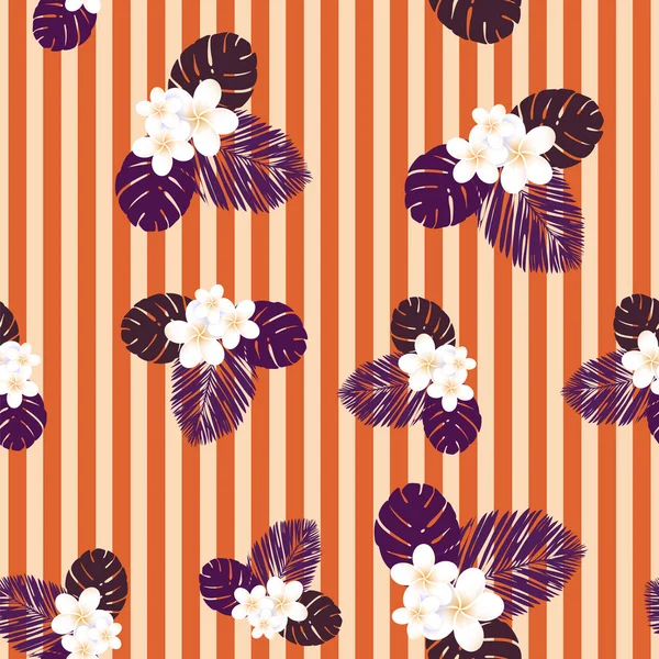 Vecteur rayé coloré motif tropical sans couture. Plumeria, frangipani. Exotique vecteur plage papier peint motif sans couture . — Image vectorielle