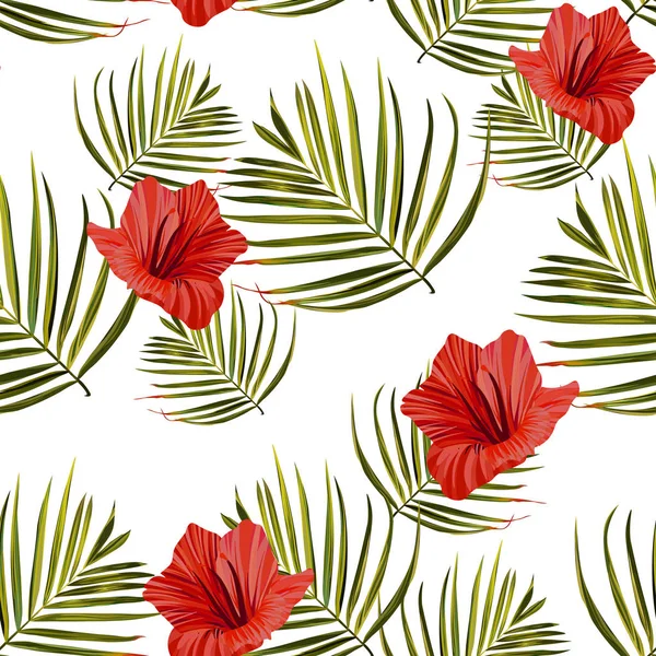 Palmboom. Hibiscus naadloze patroon. Bloem zomer — Stockvector