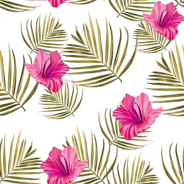 Hibiscus patroon. Tropisch palmblad. Naadloze achtergrond — Stockvector