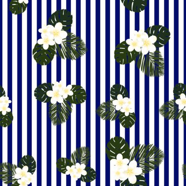 Dikişsiz mavi çizgili vektör tropikal desen. Plumeria, Frangipani. Egzotik vektör plaj duvar kağıdı Dikişsiz desen.
