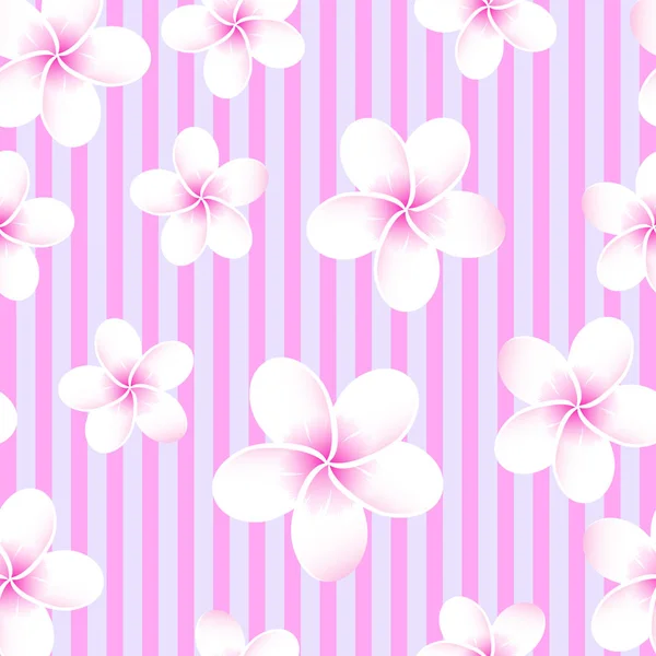 Rosa rayas vector tropical patrón sin costuras. Plumeria, frangipani. Vector exótico playa fondo de pantalla patrón sin costuras . — Vector de stock