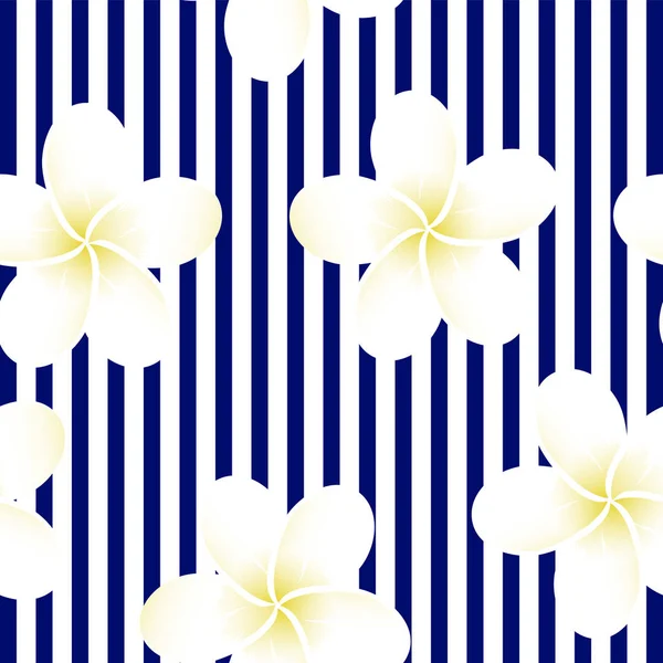 Patrón tropical de vector de rayas azules sin costuras. Plumeria, frangipani. Vector exótico playa fondo de pantalla patrón sin costuras . — Vector de stock