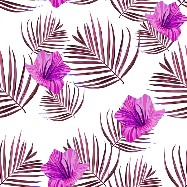 Hibisco padrão sem costura. Folha de palma. Fundo flor — Vetor de Stock