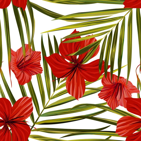 Palmiye ağacı. Hibiscus dikişsiz desen. Çiçek arka plan — Stok Vektör