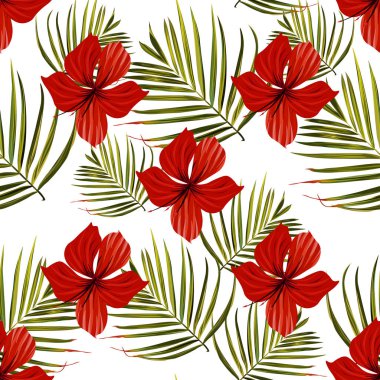 Palmiye ağacı. Hibiscus dikişsiz desen. Çiçek arka plan