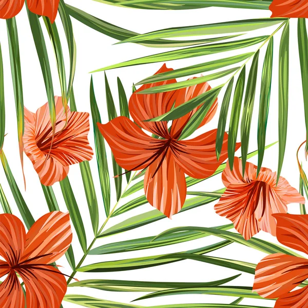 Hibiscus çiçeği. Kusursuz tropik desen. Avuç içi — Stok Vektör
