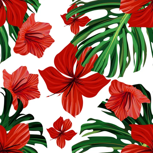 Hibiscus dikişsiz desen. Palmiye yaprağı. Çiçek arka plan — Stok Vektör