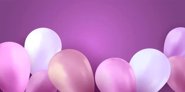 气球派对生日。五颜六色的矢量现实横幅。礼品传单，气球海报. — 图库矢量图片
