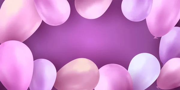 气球派对生日。五颜六色的矢量现实横幅。礼品传单，气球海报. — 图库矢量图片