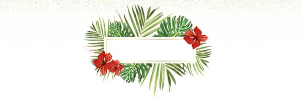 Tropenstrand. Blumen Dschungel Palmen Hintergrund. Vektor tropische Illustration. grüne tropische Strandfahne — Stockvektor