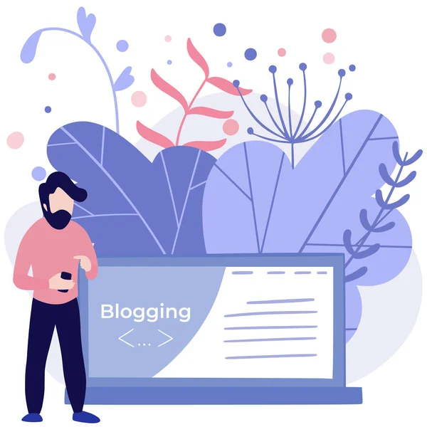 Blogger woman, freelancer. Blogging miniature illustration make review and new content. Bloggers website channel. — Stock Vector