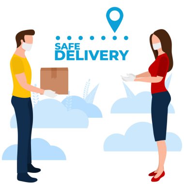 Teslimat kamyonu güvenli yiyecek teslimatı. Kurye eve sipariş getiriyor. Koronavirüs salgını sırasında maskeli ve eldivenli bir adam..