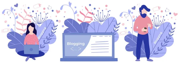 Blogger nő, szabadúszó. Blogolás miniatűr illusztráció, hogy felülvizsgálat és új tartalmat. Bloggerek weboldal csatorna. — Stock Vector