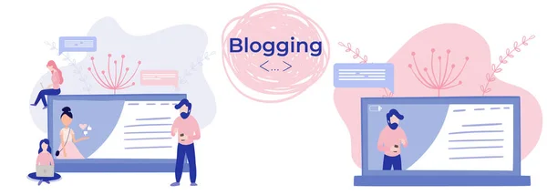 Blogger meisje, freelancer vrouw. Video channel website, nieuwe content technologie. Bloggen miniatuur vector illustratie. — Stockvector